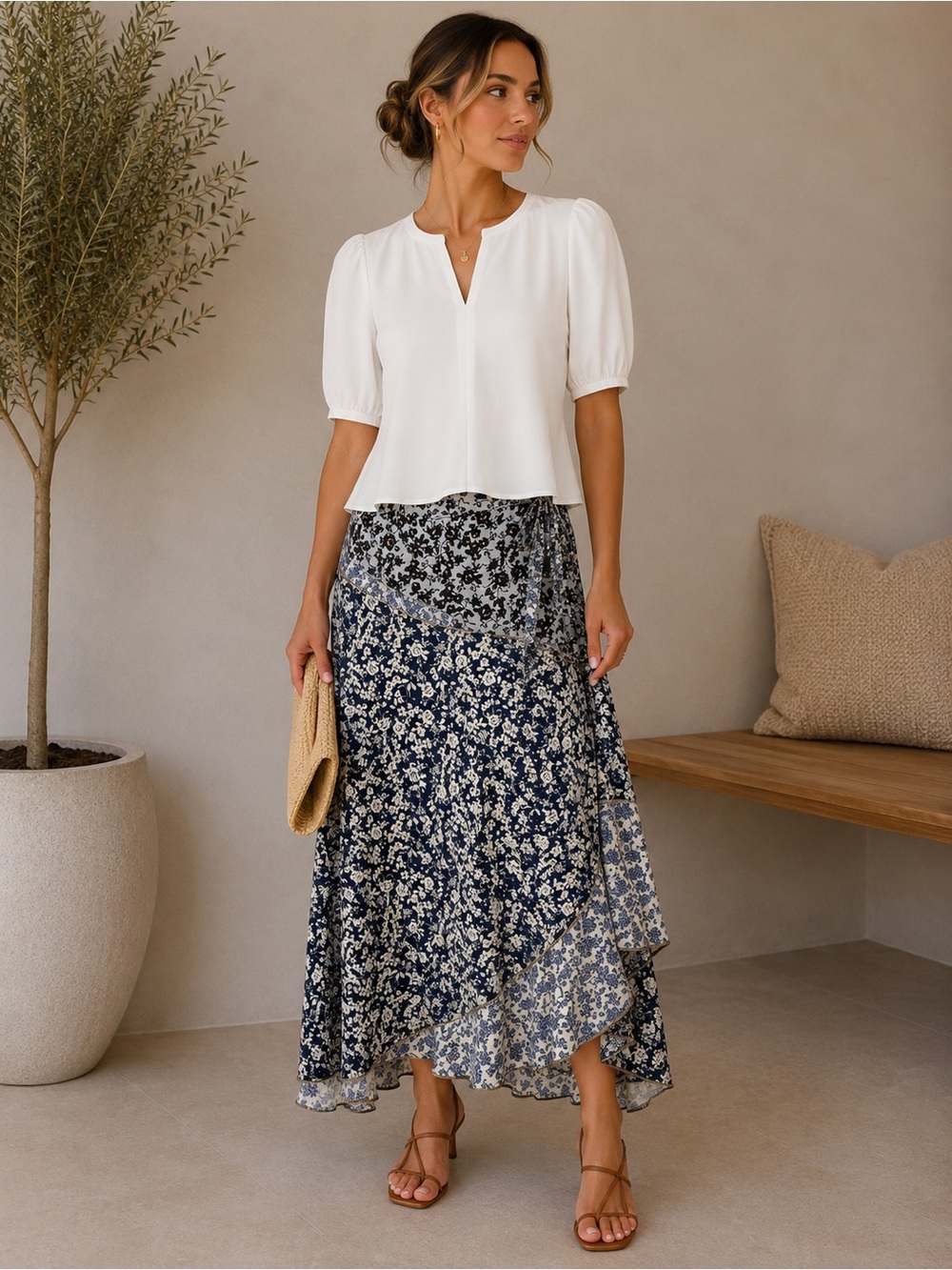 Philosophy Navy and White Floral A-Line Skirt